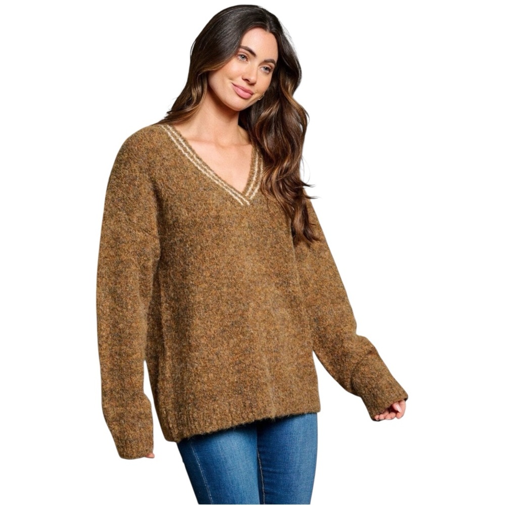 Cozy Oversized V-Neck Bouclé Knit Sweater Brown Tan Soft Fuzzy Pullover S M L